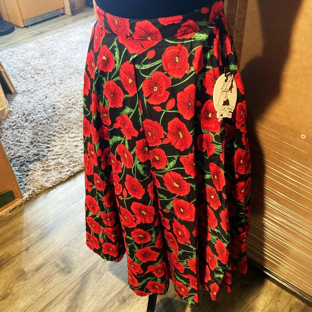 HELL BUNNY NWT Red and black floral poppy print circle skirt vintage style SMALL - Picture 6 of 14